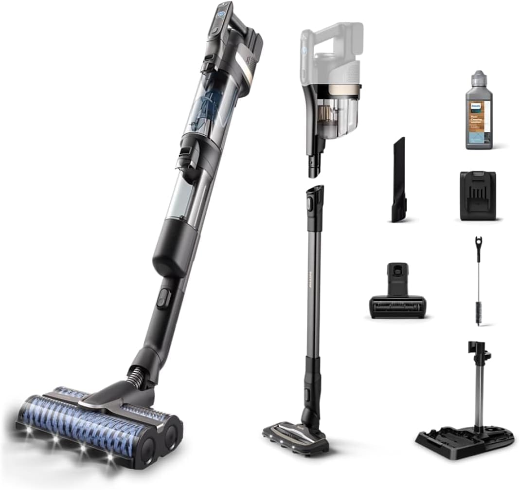 Philips AquaTrio 9000 Kabelloser Wasch- und Staubsauger – All-in-One Reiniger für Staub, Flecken, Flüssigkeiten und Tierbesitzer, Hochgeschwindigkeits-AquaSpin-Bürsten, Auto-Clean-System (XW9463/11)