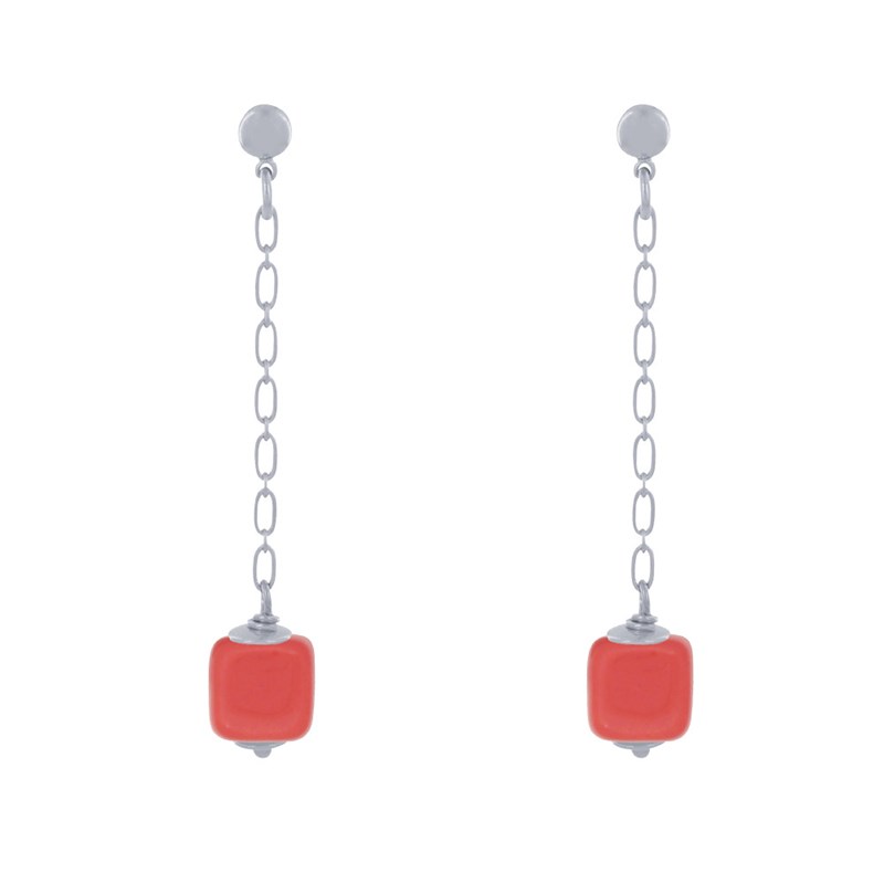 Boucles d'Oreilles Chainette Laiton Argenté et Cube en Céramique