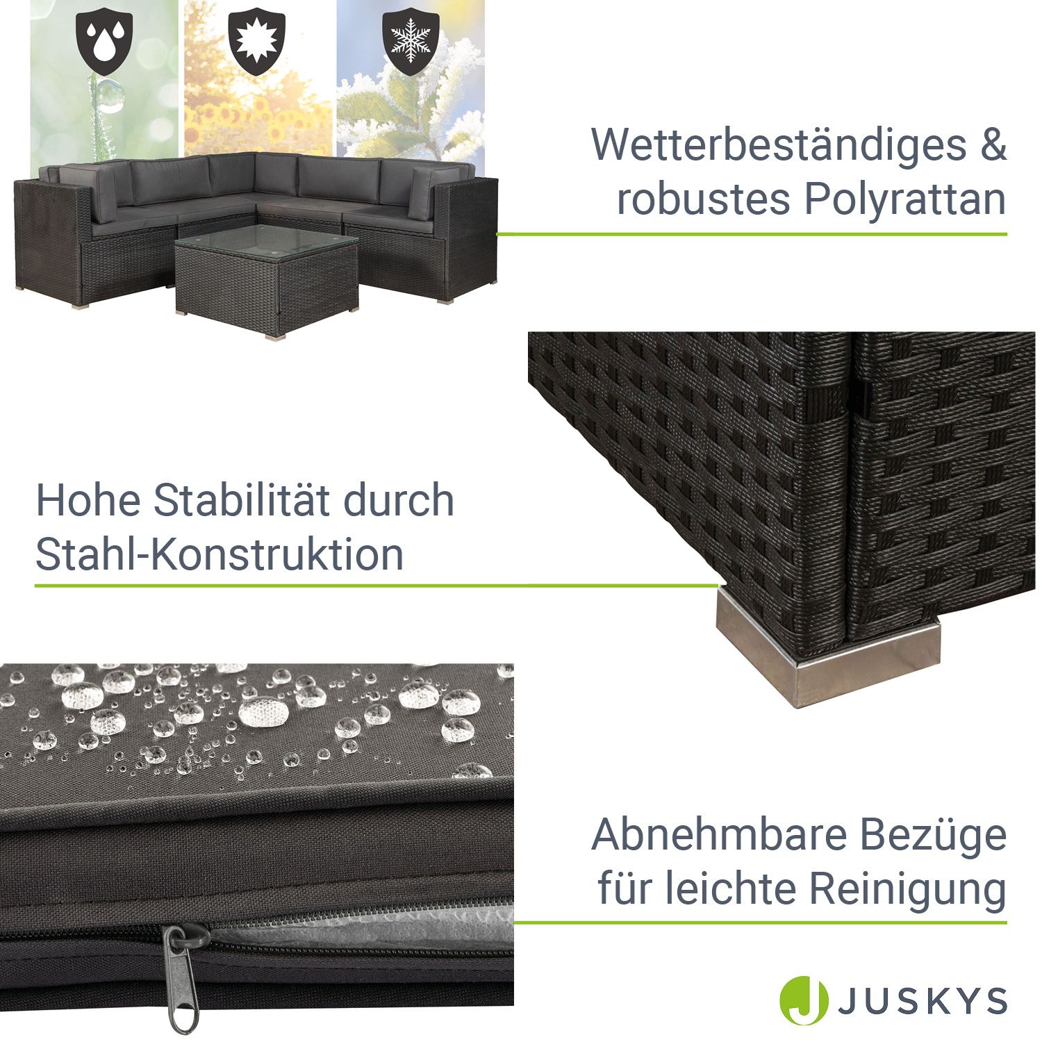Juskys Polyrattan Lounge Nassau schwarz für 5 Personen mit Ecksofa & Tisch – Bezüge Dunkelgrau