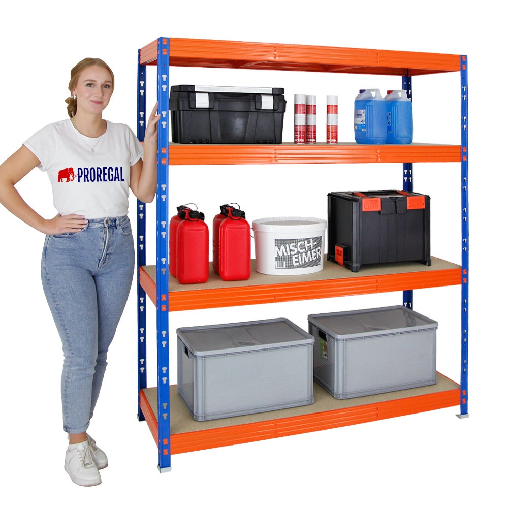 PROREGAL Professionele Heavy-Duty Stellingkast Rhino HxBxD 180 x 160 x 60 cm 4 Spaanplaat Planken 8mm Plank Draagvermogen 500 kg Blauw/Oranje