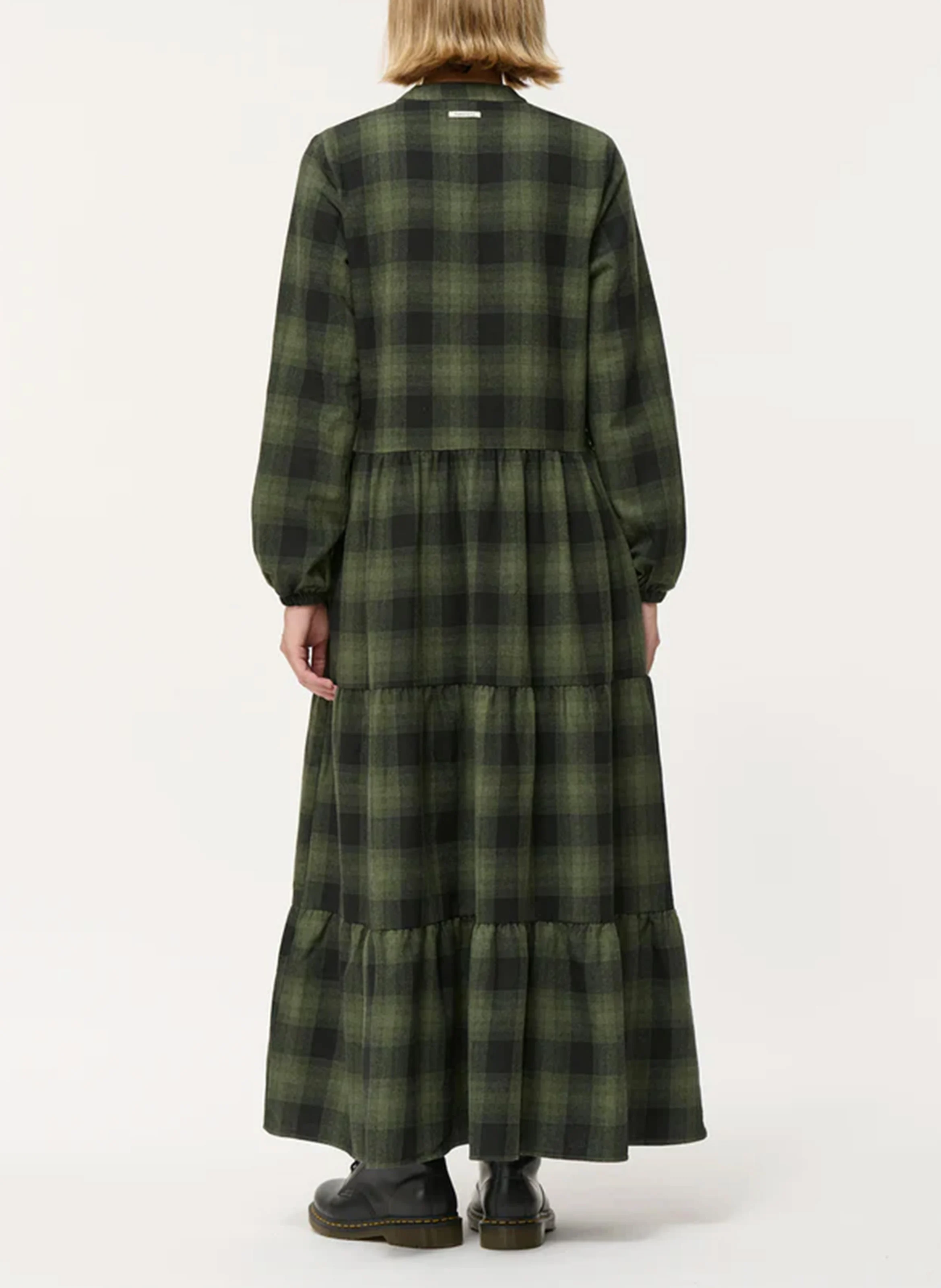 Robe longue col tunisien en coton mélangé à carreaux | Vert