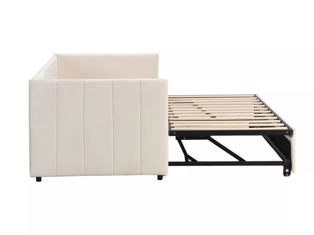 Lit gigogne rembourré 90/180x200cm lit canapé en tissu velours avec sommier à lattes - Beige