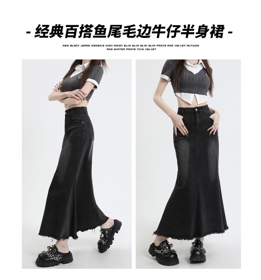 Denimot - Denim maxi-rok met hoge taille en franjes aan de zoom