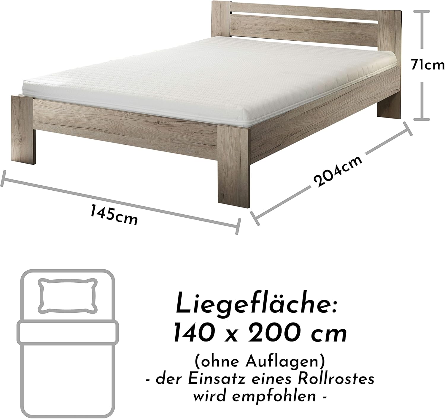 CANNES Futonbett 140 x 200 cm - Minimalistisches Jugendzimmer Doppelbett in Eiche San Remo Optik - 145 x 71 x 204 cm (B/H/T)