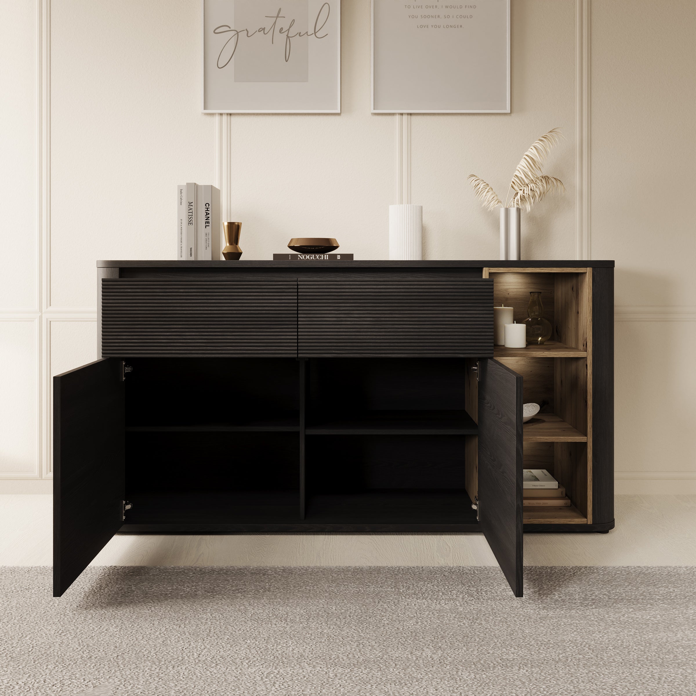 Meubella - Bijou - Dressoir - Zwart - 160x41x83 cm