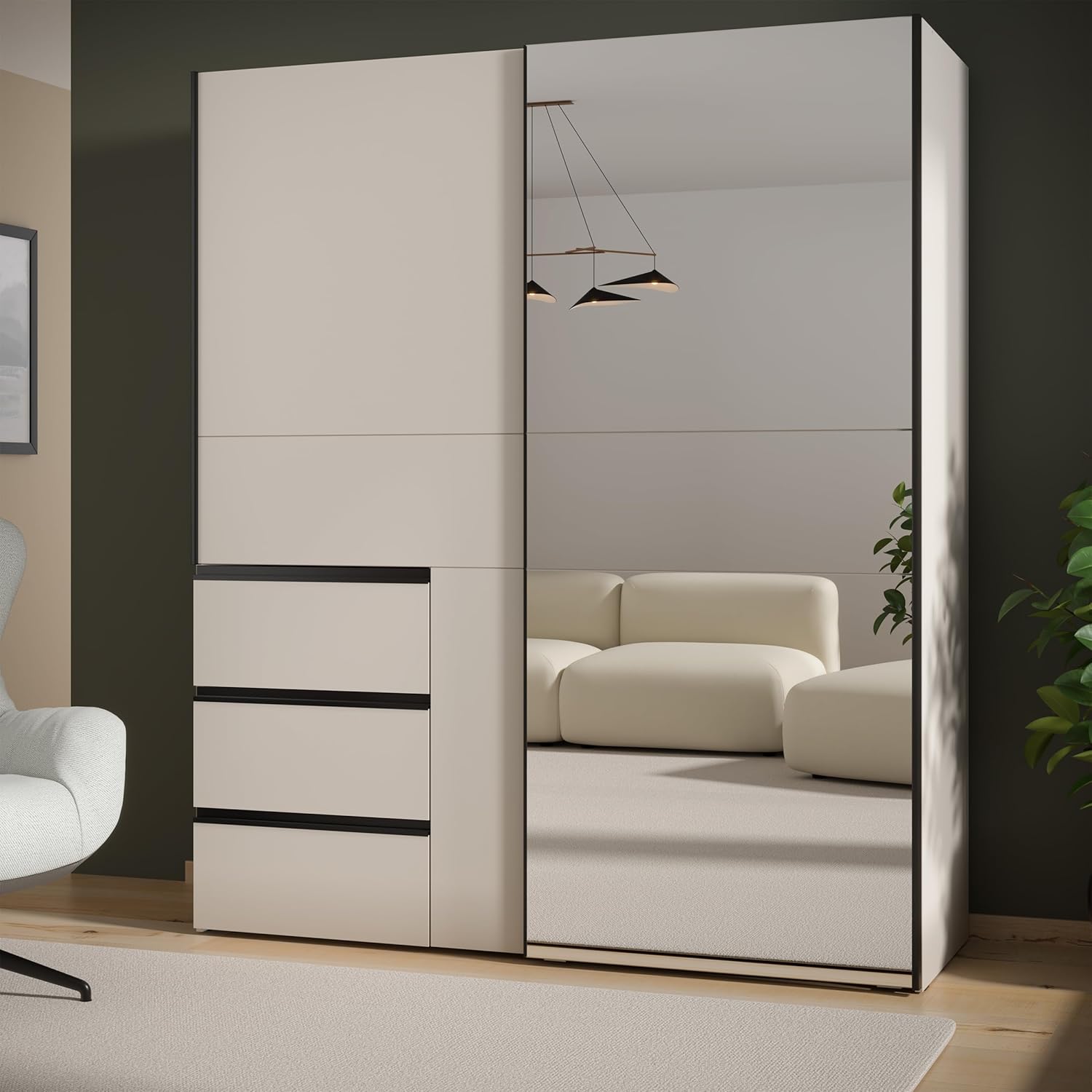 Forte Winn 2 moderner Kleiderschrank 170, Schwebetürenschrank mit Spiegel, 2-türig, 3 Schubladen, Holzwerkstoff, Kaschmir|Beige, 170,3 cm breit x 200,5 cm hoch x 61,2 cm tief
