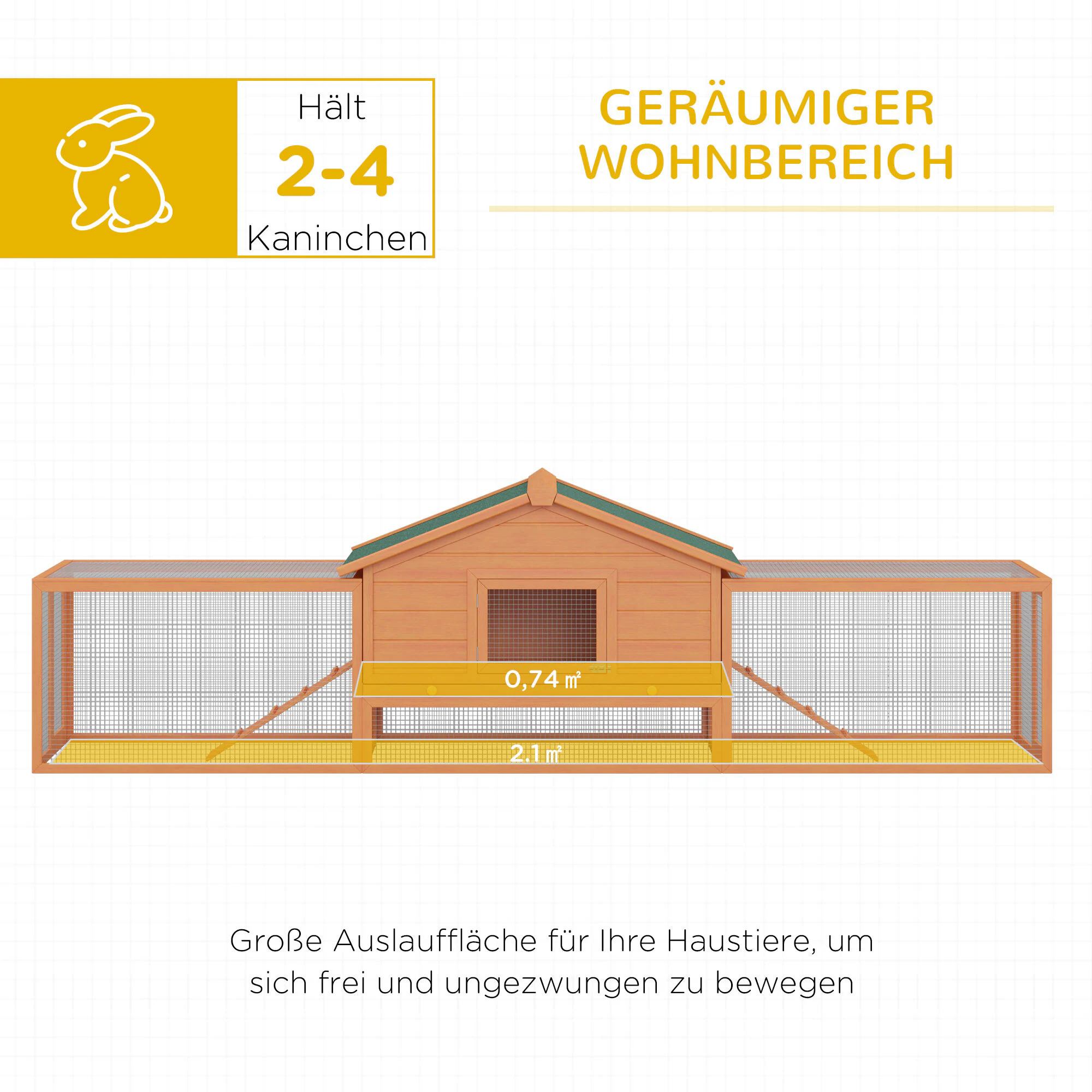PawHut Kaninchenstall mit Seitengehege braun, grün 310 × 68 × 87 cm (LxBxH)