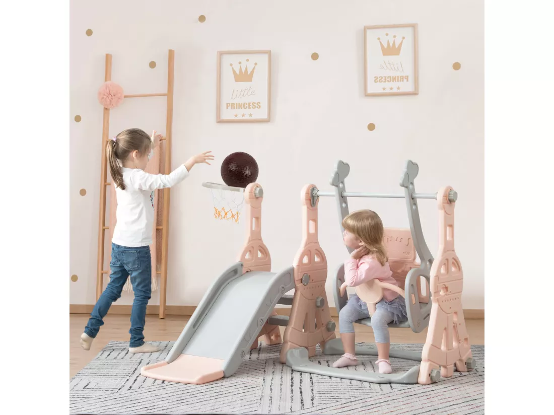Toboggan 4 en 1 pour enfants - 140 x 118 x 102cm - en HDPE - avec balançoire et support de basket-ball - Rose