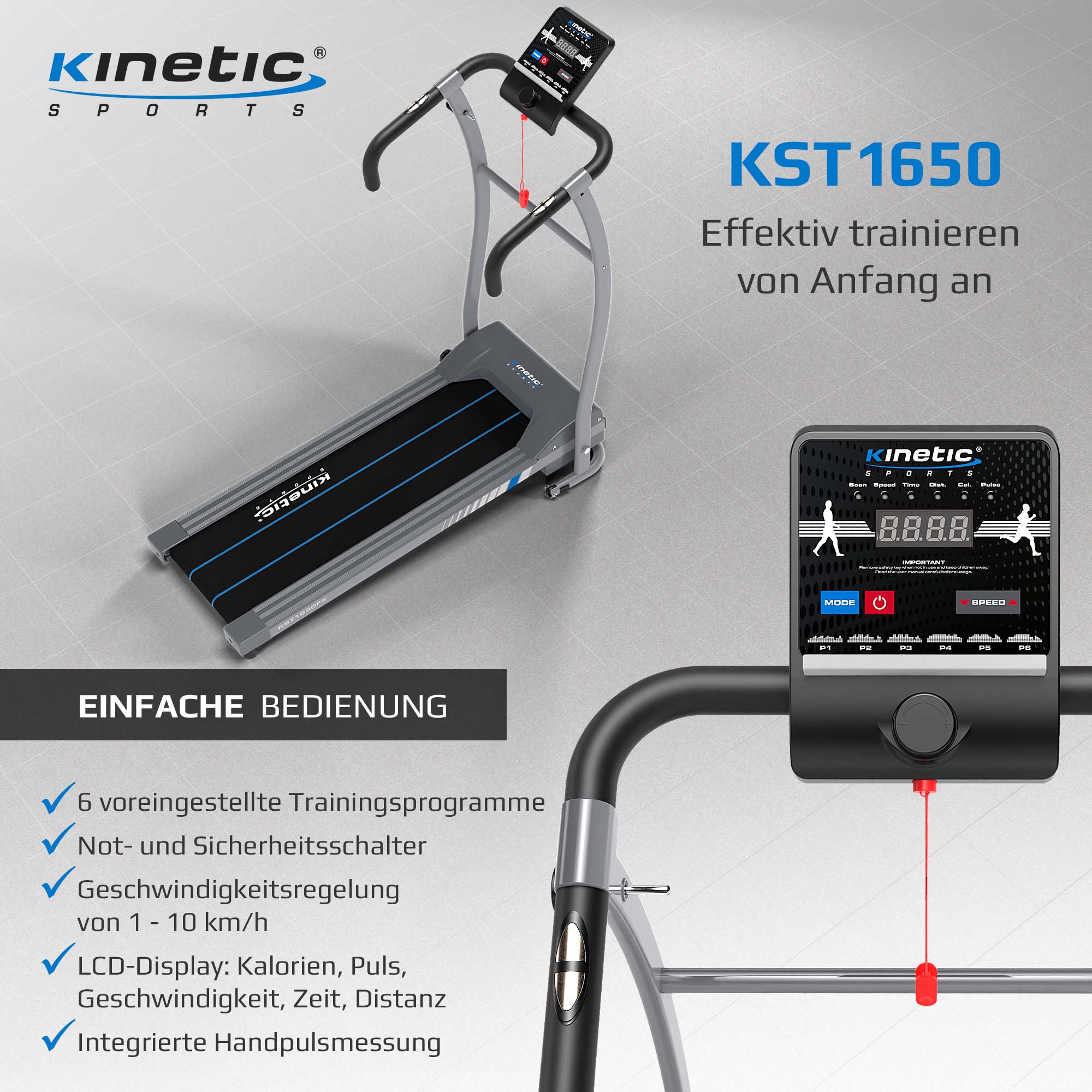 KINETIC SPORTS Laufband klappbar KST1650FX mit 600 Watt kraftvoller Elektromotor, Trainingscomputer mit 6 Programmen, Geh- und Lauftraining, stufenlos einstellbar bis 10 km/h, kompakt verstaubar