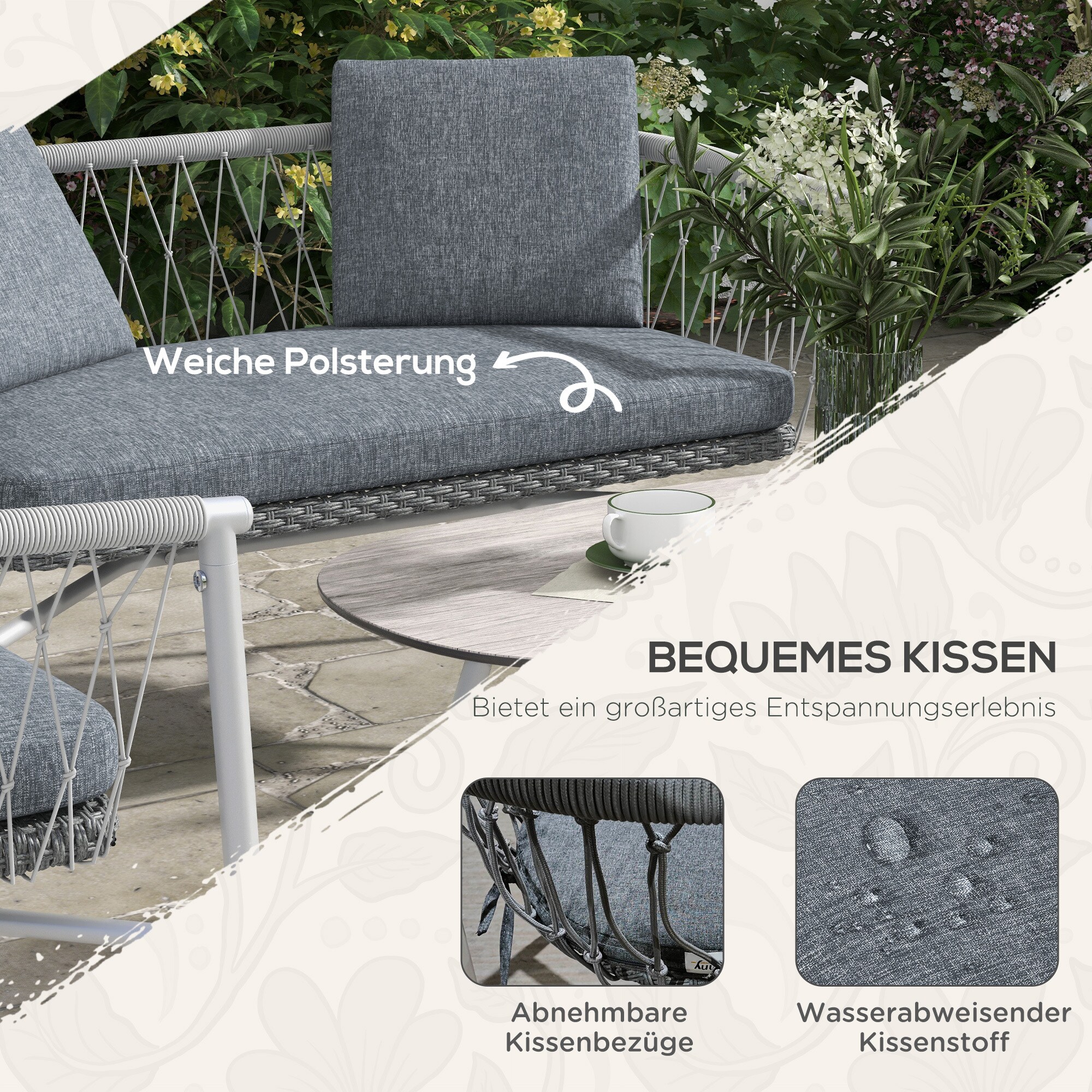 Outsunny Flecht Gartenmöbel-Set mit Polsterkissen grau 121L x 68B x 67H cm