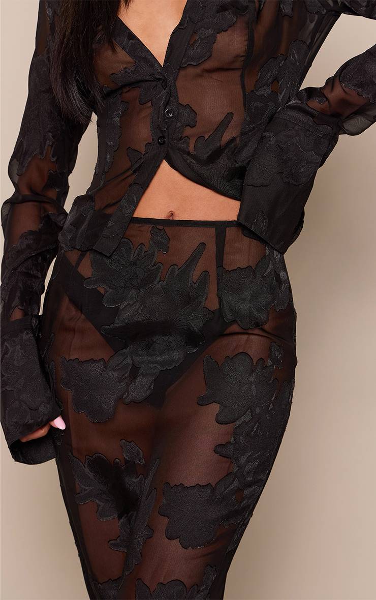 Noir Chemise Ajustée Grande Taille En Mesh Transparent À Motif Floral