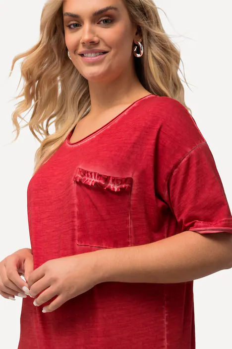 T-Shirt, oversized, Rüschen-Brusttasche, Halbarm, salsa