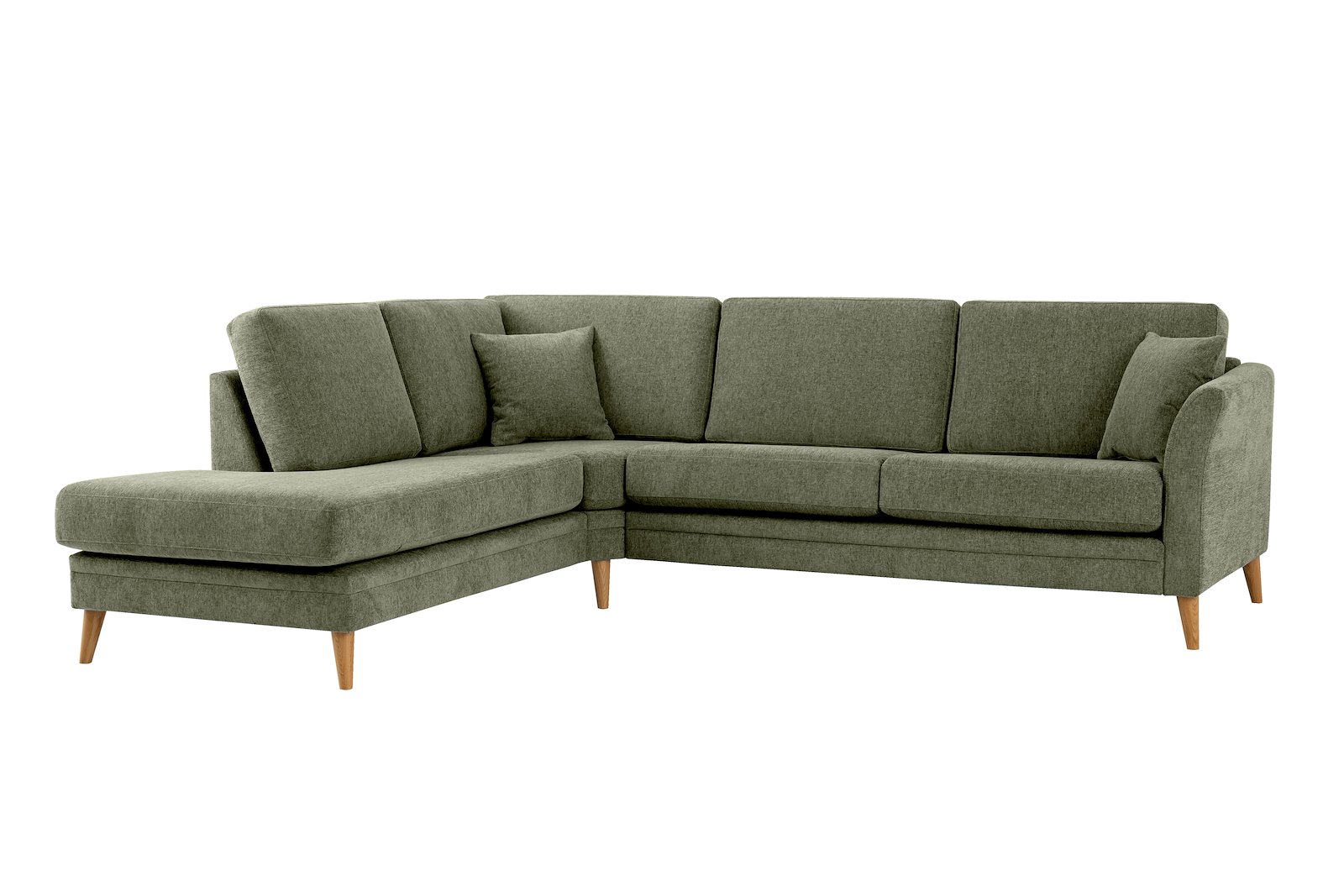Eden hjørnesofa 2,5-seter med åpen ende venstre. Tekstil Thor 17 Green med ben i eik natur (15137).