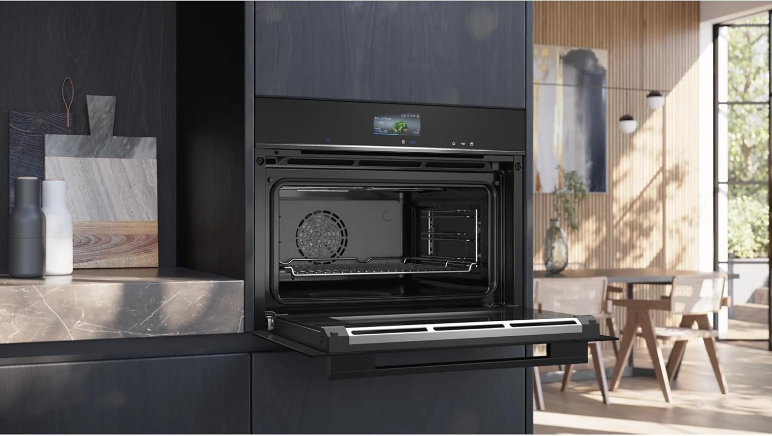 Siemens CS736G1B1, Smarter iQ700 Einbau-Kompaktdampfbackofen, 60 x 45 cm, Schwarz, Made in Germany, Dampfgaren, Hydrolyse Selbstreinigung, Touchscreen, Air Fry, 4D Heißluft, Backautomatik, Pizzastufe