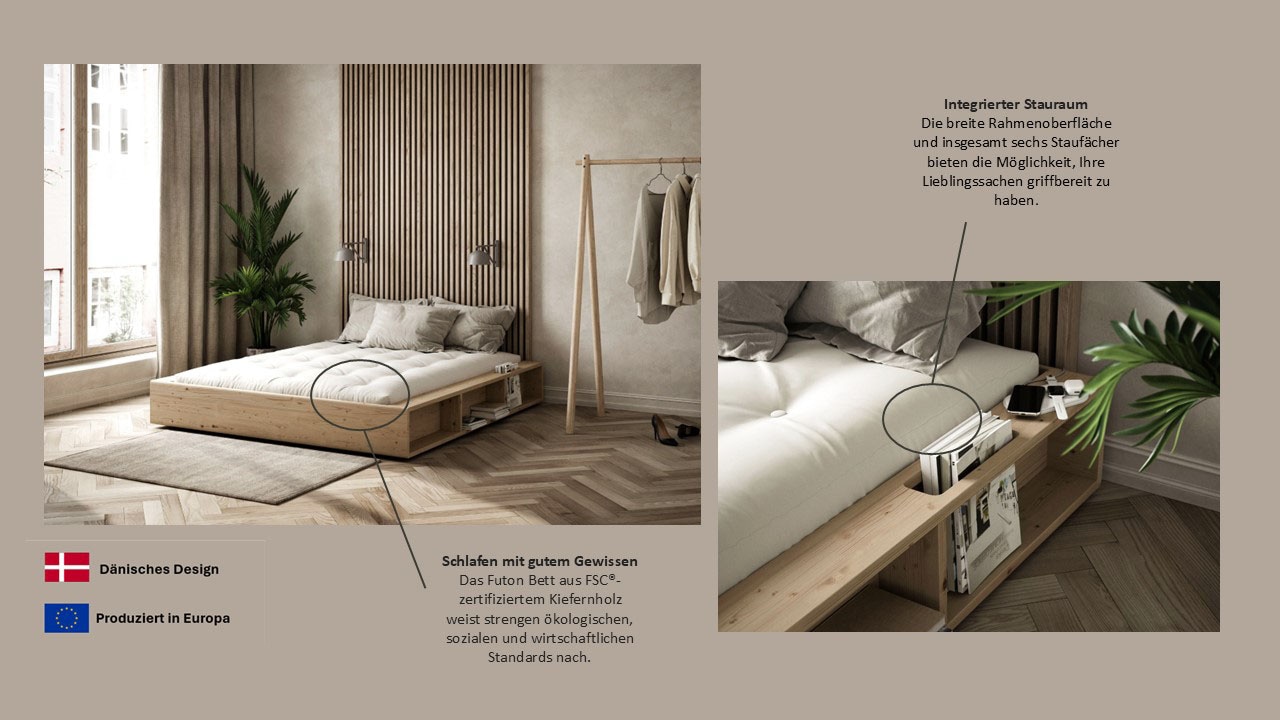 Karup Design Futonbett »Bettgestell Ziggy Bed – FSC® Massivholz Futonbett, excl. Matratze« praktische Ablagefläche neben der Matratze, viel Stauraum