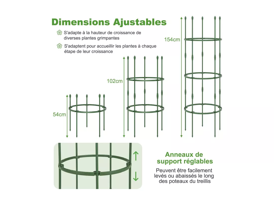 Lot de 3 Treillis Obélisque de Jardin pour Plantes, Support pour Plantes Grimpantes en Métal Réglable avec Clips Attaches, Cage et Supports 2 en 1 pour Vigne Fleurs Légumes(50 x 154 cm)