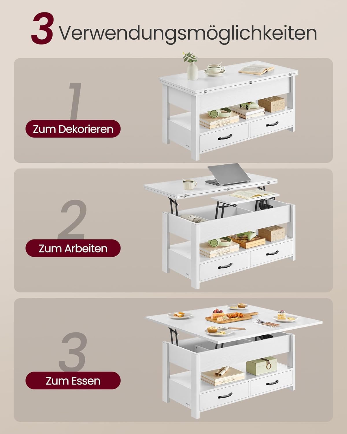VASAGLE Couchtisch, höhenverstellbarer Wohnzimmertisch, Gaszylinder, 2 Schubladen und 3 Fächer unter der Tischplatte, Kaffeetisch, 1 offenes Fach, für Wohnzimmer, Homeoffice, schneeweiß LCT254W02