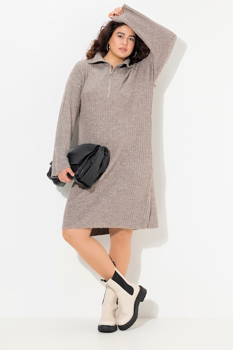 Strickkleid, A-Linie, Rippstrick, Troyerkragen, Langarm