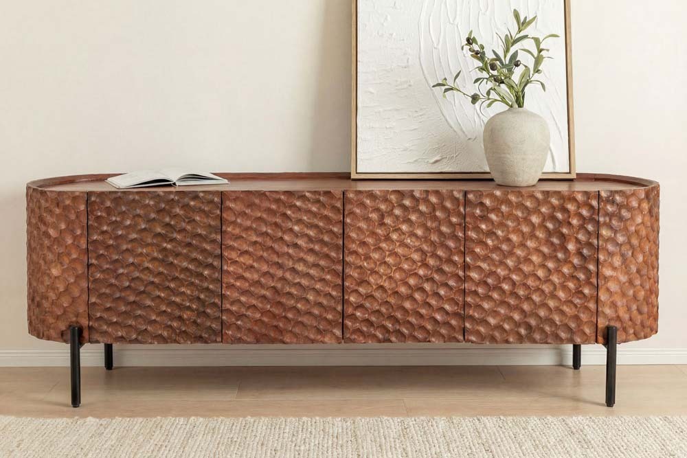 Massives TV-Board ADLON 160cm braun Mangoholz schwarz Metall Lowboard mit 3D- Front