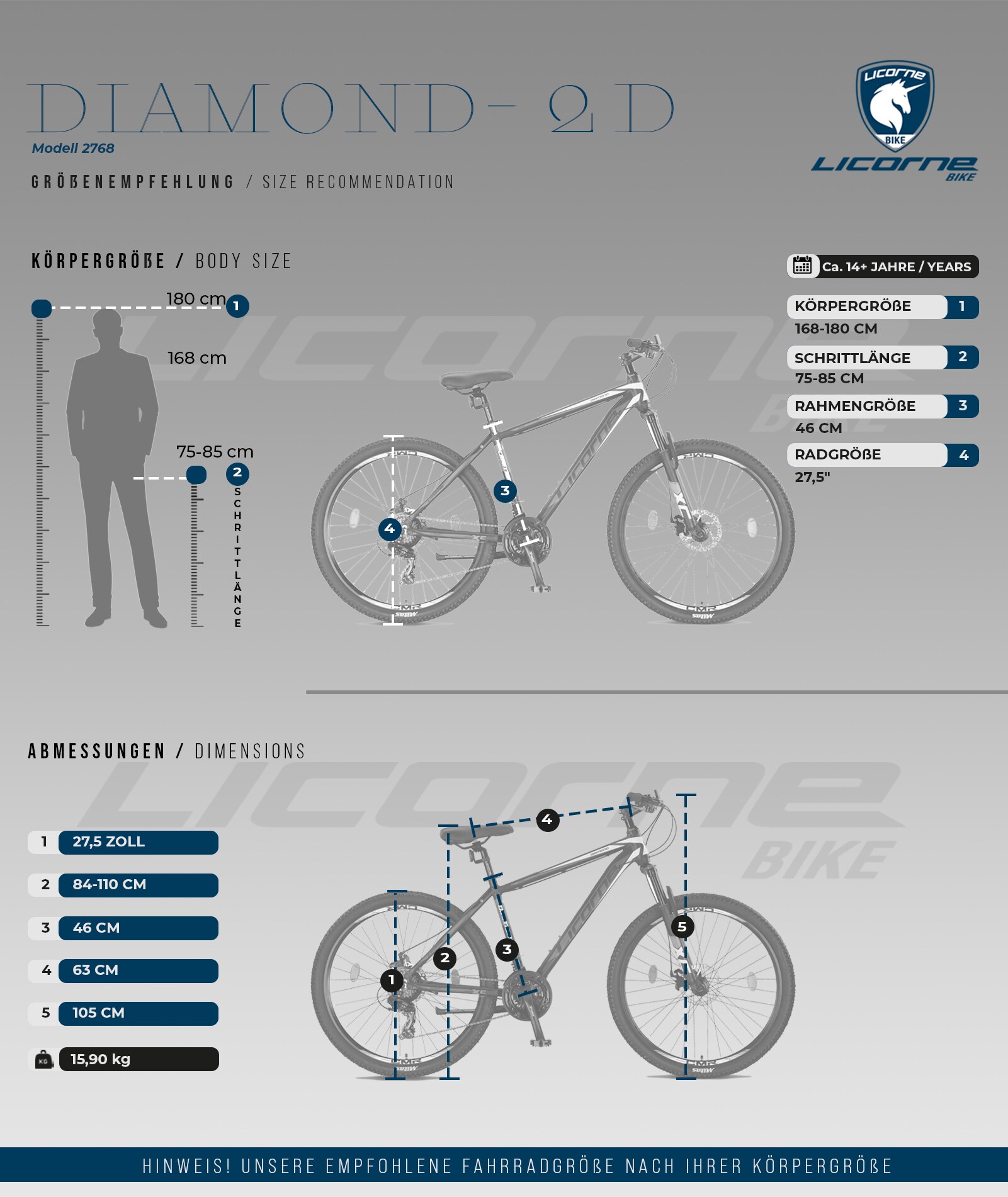 Licorne Bike Diamond Premium Mountainbike Aluminium, Fahrrad für Jungen, Mädchen, Herren und Damen - 21 Gang-Schaltung - Scheibenbremse Herrenrad, einstellbare Vordergabel 26, 27.5 und 29 Zoll