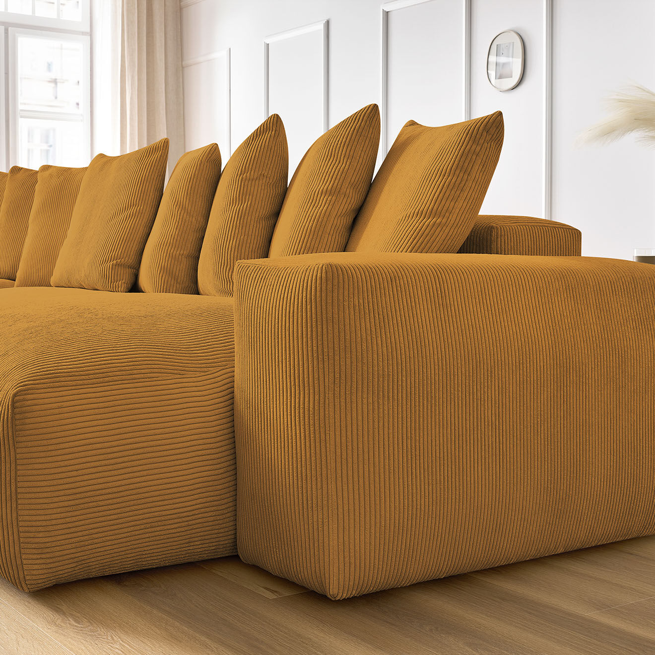 Bobochic Canapé panoramique fixe ultra moelleux voltaire velours côtelé jaune - 420x174x75 cm
