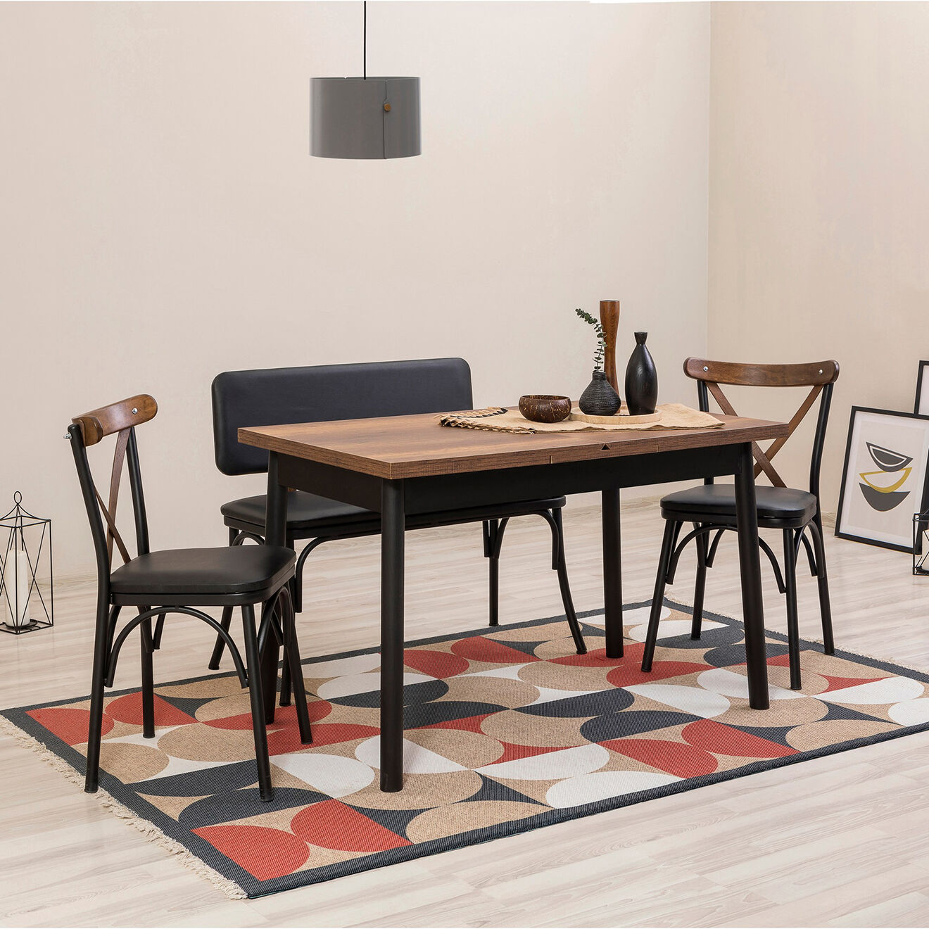 Homitis Table + 2 Chaises + Banc Olv noir