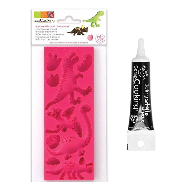 Moule pâte à sucre Dinosaures + Stylo de glaçage noir Scrapcooking