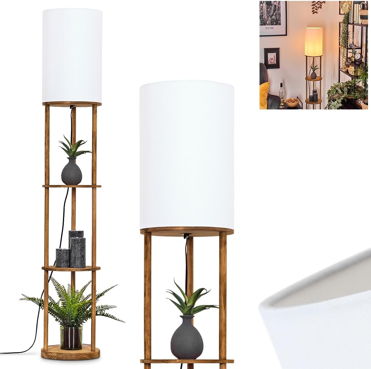 Stehleuchte Hamaa, Stehlampe aus Holz/Stoff in Naturfarben/Weiß, Leuchte im skandinavischen Design mit rundem Schirm (Ø 26 cm), Ablageflächen u. Fußschalter, Höhe 150,5 cm, 1 x E27, ohne Leuchtmittel