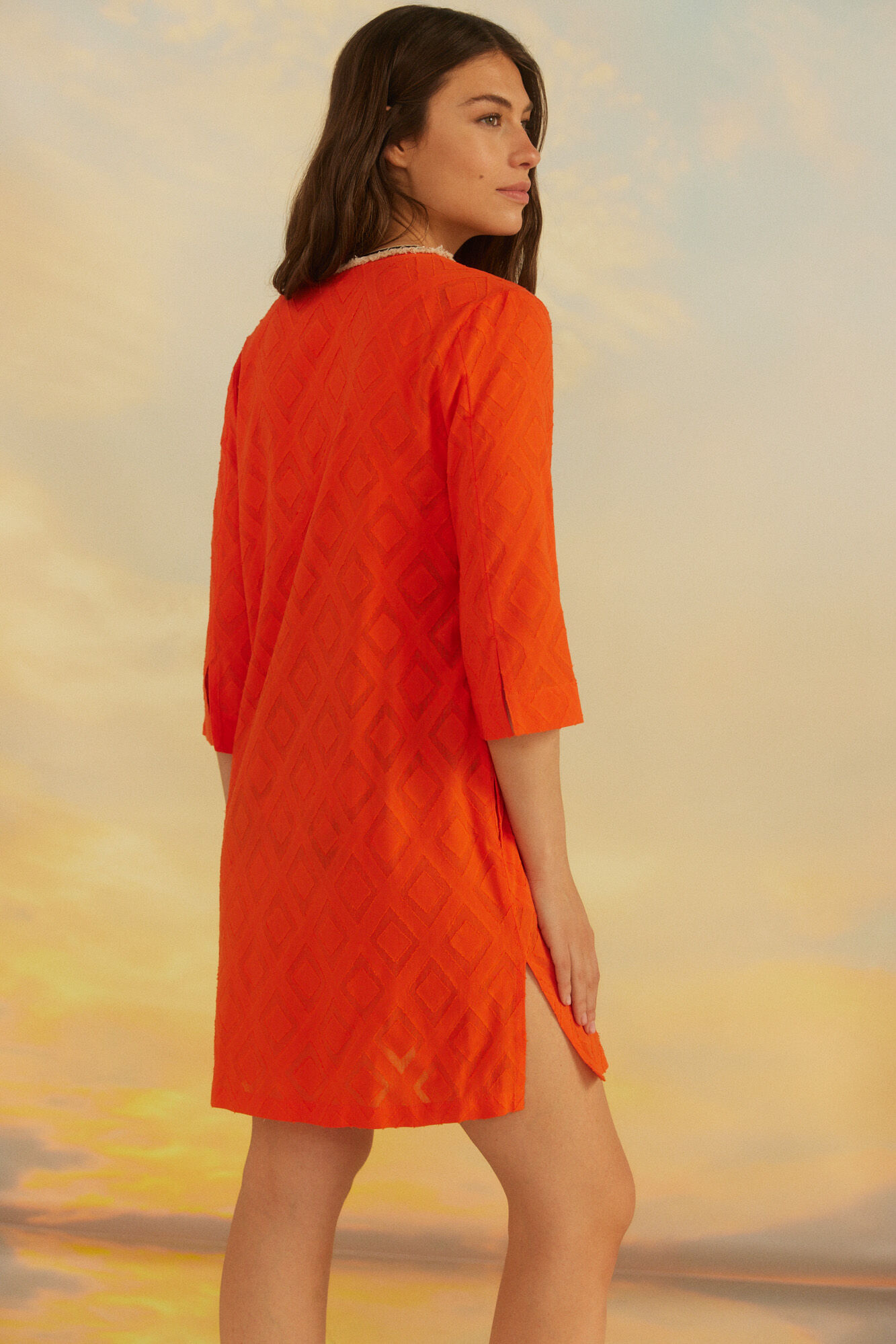 Túnica Caftan com Franjas - Coral