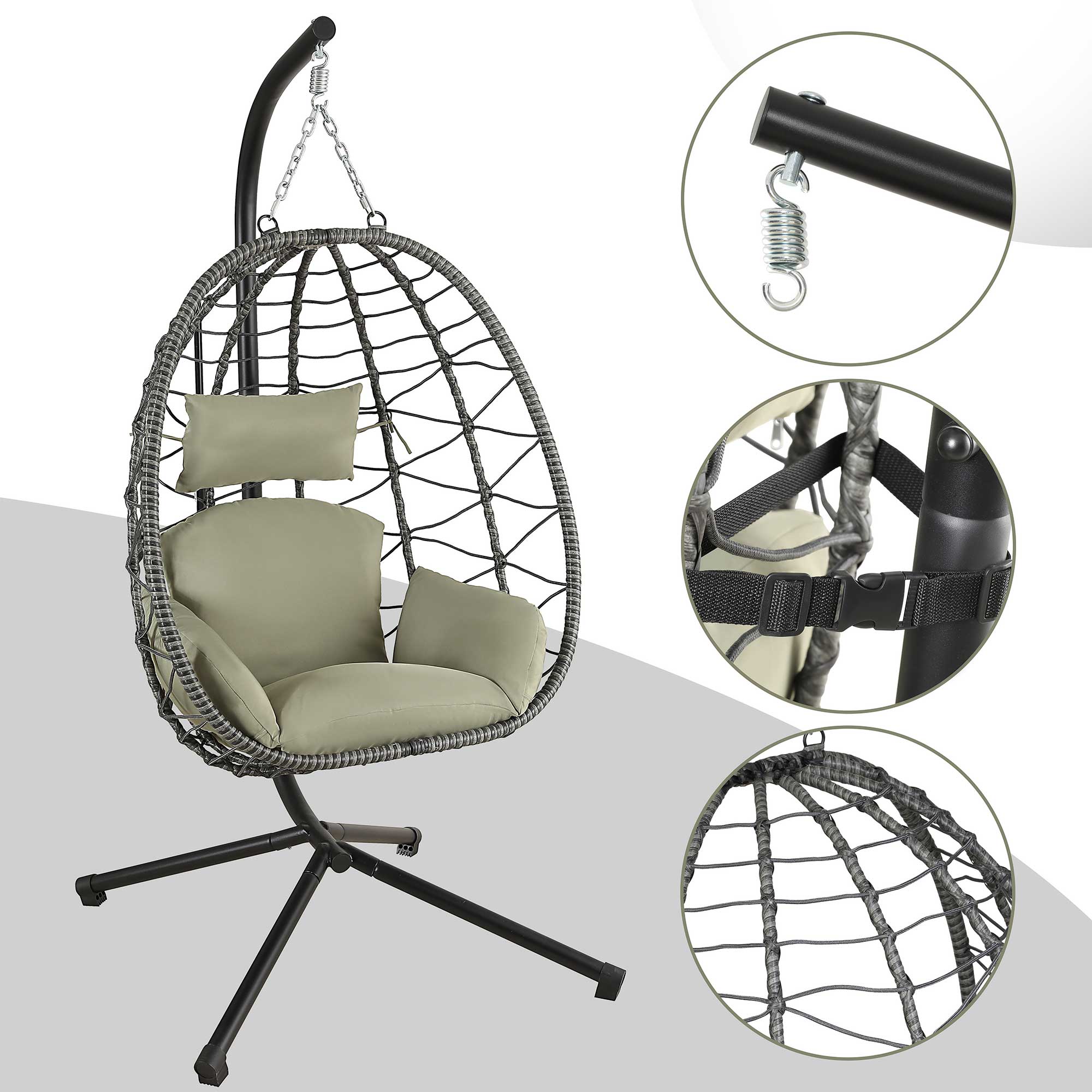 Makika Hängesessel mit Gestell höhenverstellbar aus Polyrattan in Grün / Grau