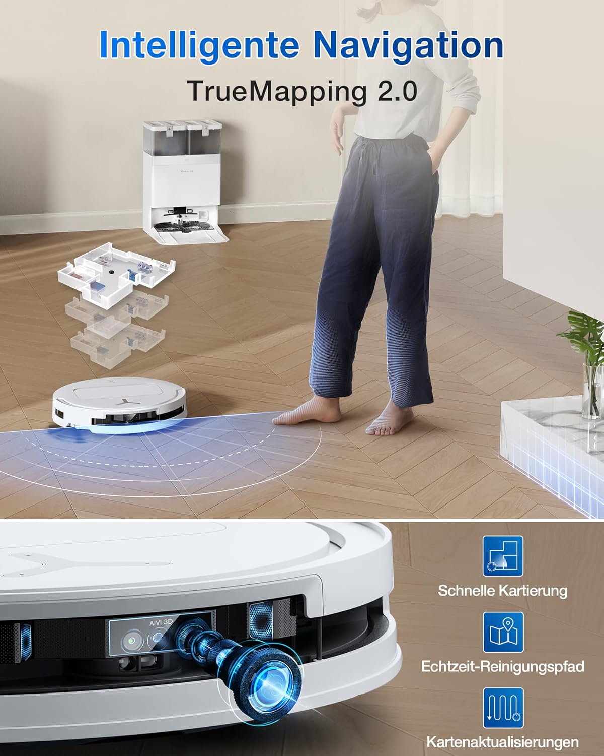 ECOVACS DEEBOT T50 Omni Saugroboter mit Wischfunktion,15.000 Pa, T30 Omni-Upgrade, Ausziehbare Seitenbürste und Mopp, ZeroTangle 2.0, Moppwäsche mit 75°C heißem Wasser, All-in-One Station