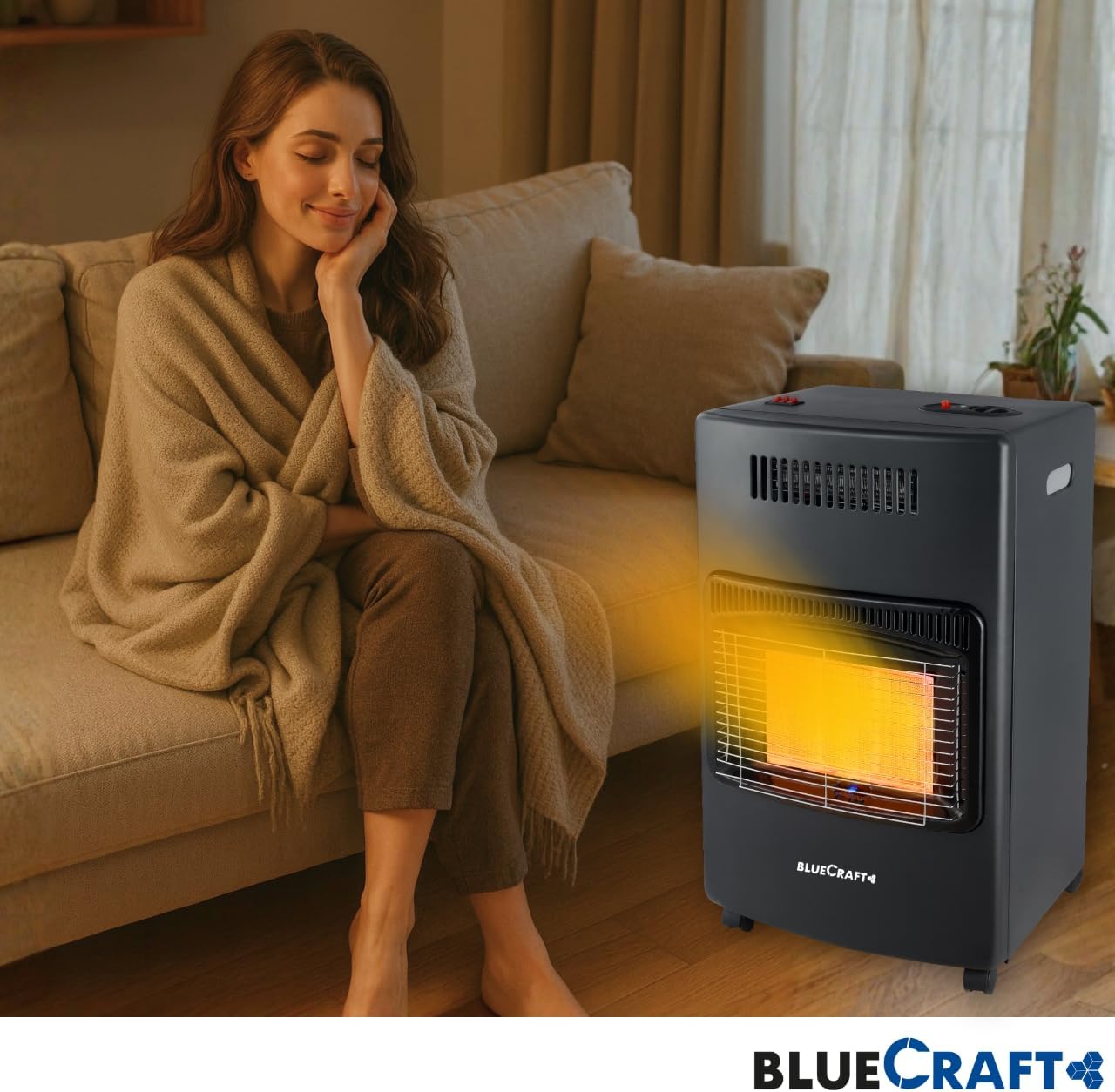 Bluecraft 3-in-1 Gas-Ofen & Elektroheizung | Heizofen in PREMIUM QUALITÄT | Gasheizer Infrarot Heizstrahler Notofen 4,2 kW mit Druckregler, Gas-Schlauch, Gasregler-Schlüssel | für Gasflasche 5kg 11kg