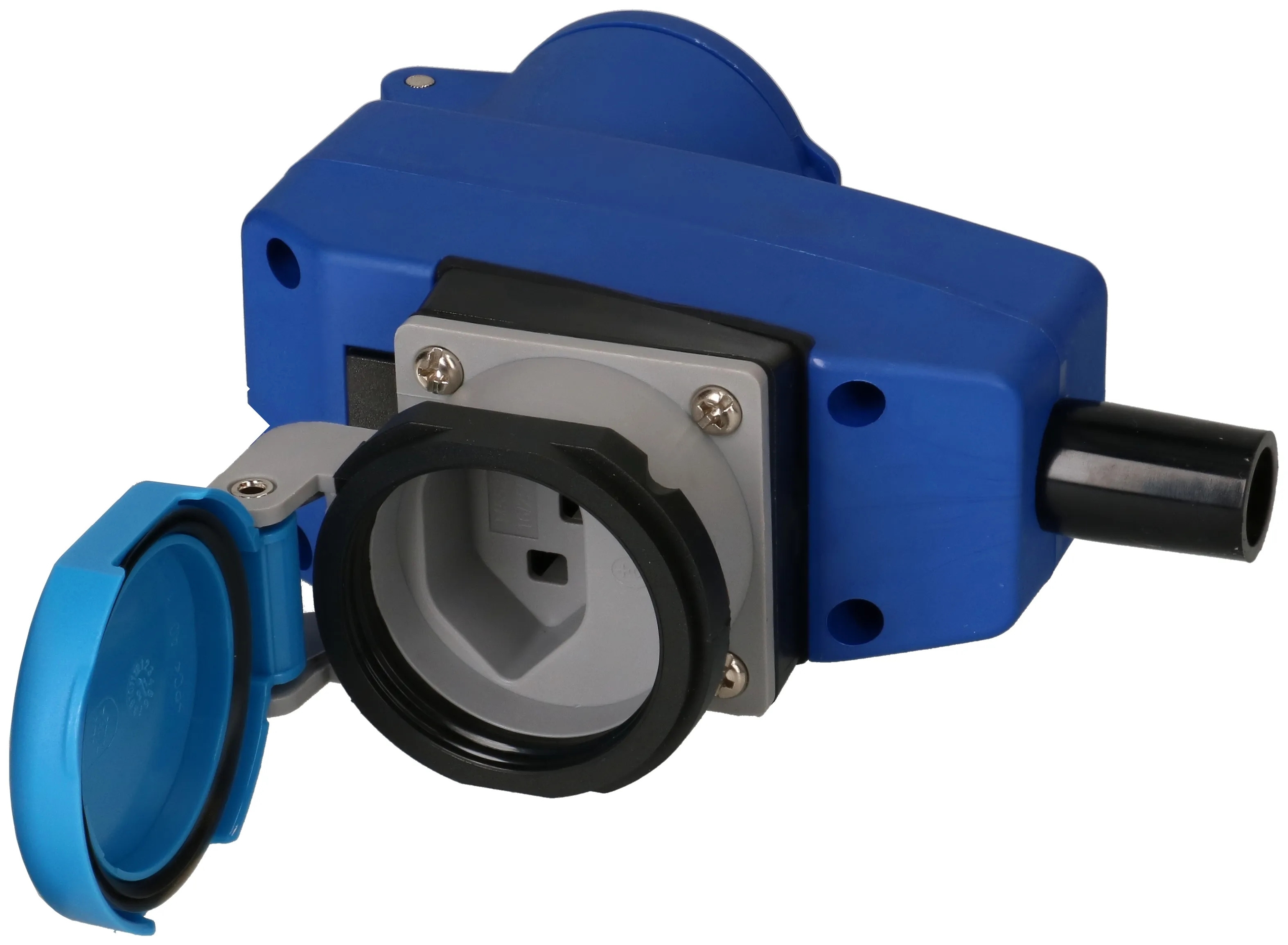 CEE Winkelkupplung blau 3-polig 230V/16A inkl. T23 Steckdose IP55