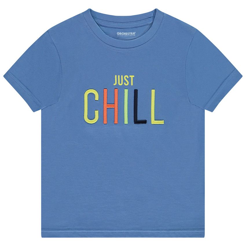 T-shirt manches courtes uni avec print et écriture brodée pour garçon - Bleu moyen