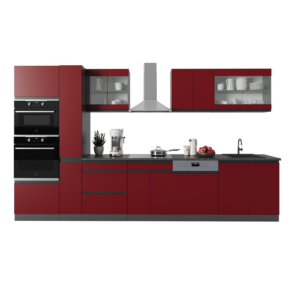 Vicco Küchenzeile Küchenblock Einbauküche R-Line J-Shape Anthrazit Rot 350 cm modern Küchenschränke Küchenmöbel