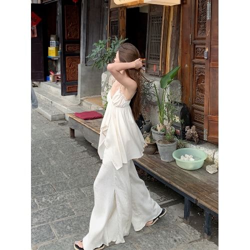 ANORA - V-hals effen asymmetrisch camisole top / hoge taille wijde broek