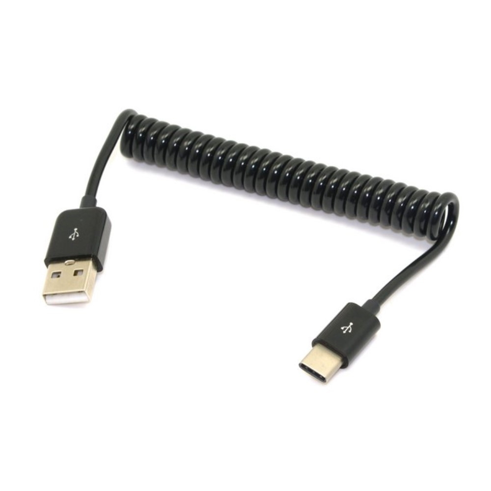 (1m) USB C auf USB A 2.0 Spiral Ladekabel Flexibles Datenkabel - Schwarz