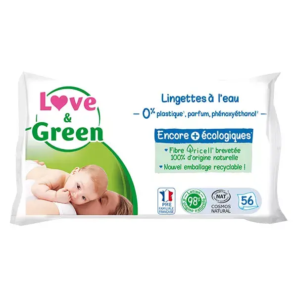 Lenços umedecidos hipoalergênicos com água micelar Love & Green, 56 unidades.
