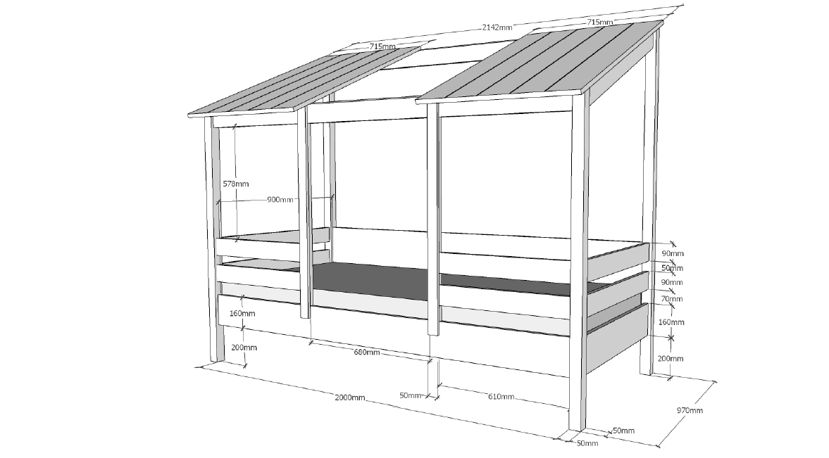 Hausbett-Set - weiß - mit Rollrattenrost - geteiltes Dach - 90x200 cm
