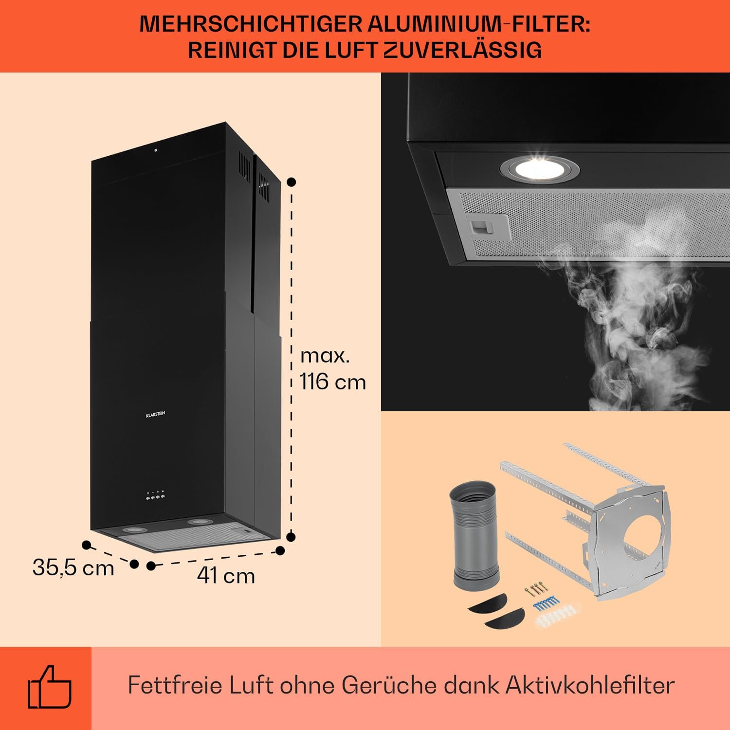 Klarstein Structura - Inselabzugshaube, EEK: A, Abluft/Umluft, 3 Stufen, Luftumwälzung: 641 m³/h max., 41 x 35,5 cm, LED-Beleuchtung, optionale Ausstattung mit Aktivkohlefiltern, Edelstahl, schwarz