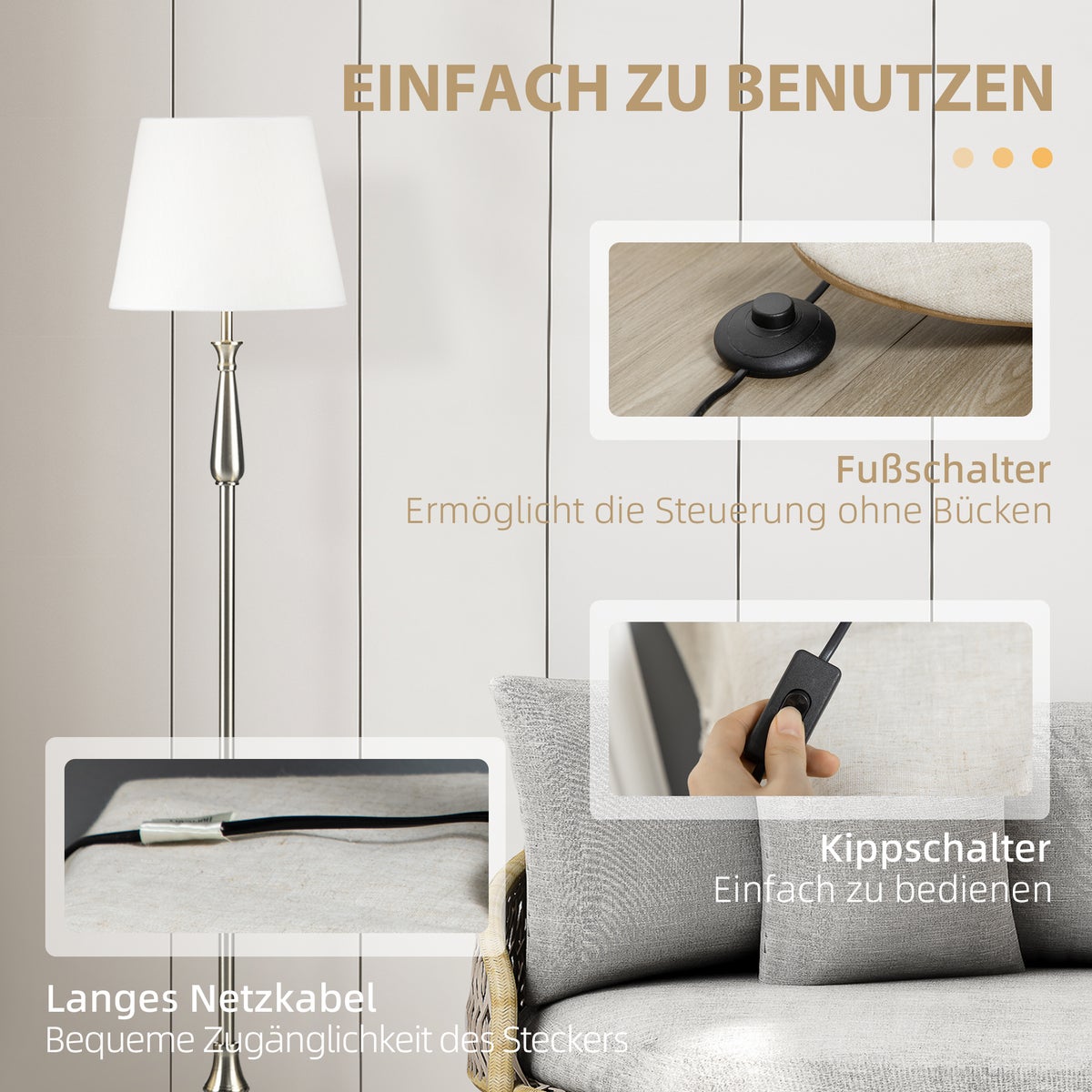 HOMCOM set van 3 lampen, 35,5L x 35,5B x 146H cm, ijzer, crème
