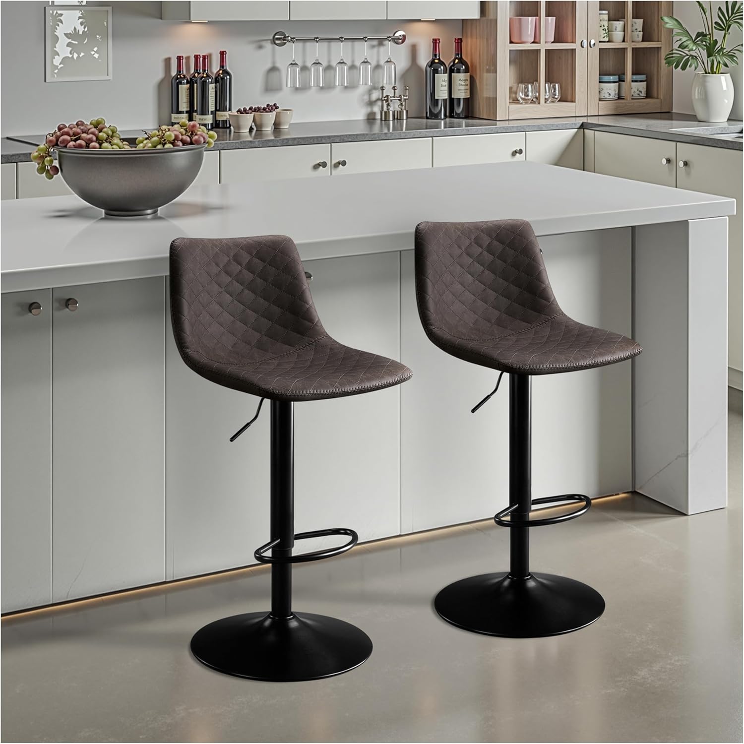 2er Set Barhocker Höhenverstellbar Barstuhl mit Mikrofaser-Leder, Küchenhocker 360° Drehbar, Barhocker mit Lehne, Tresenhocker 150kg Belastbar für Küche, Esszimmer, Lobby-Dunkelbraun