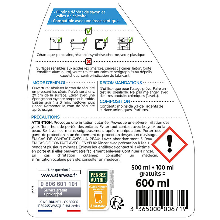 Nettoyant anti-calcaire Starwax Salle de bains 500 ml + 20%