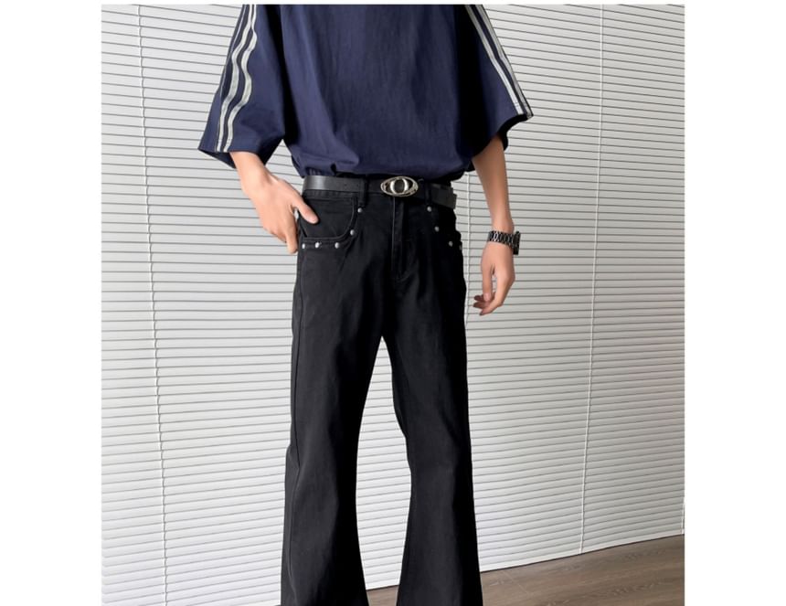 Filmas - Mid Rise Washed Frayed Studded Flared Jeans