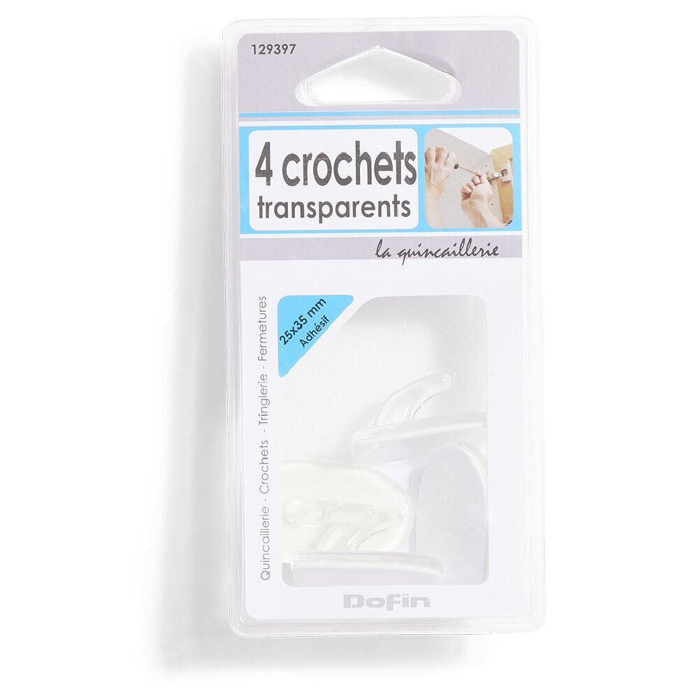 4 crochets adhésifs en plastique transparent - 25x35 mm