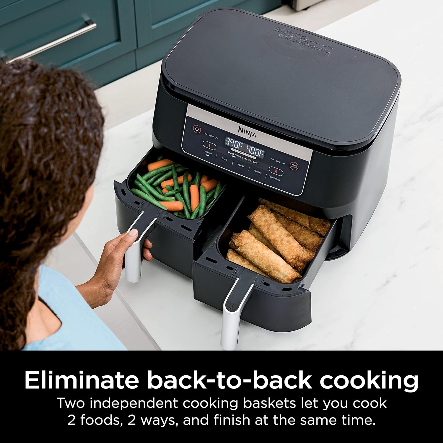 Ninja DZ090 Foodi – Friteuse à air 5 en 1 DualZone à 2 paniers avec 2 paniers de friture indépendants, Match Cook & Smart Finish pour rôtir, cuire, déshydrater et plus encore pour des collations
