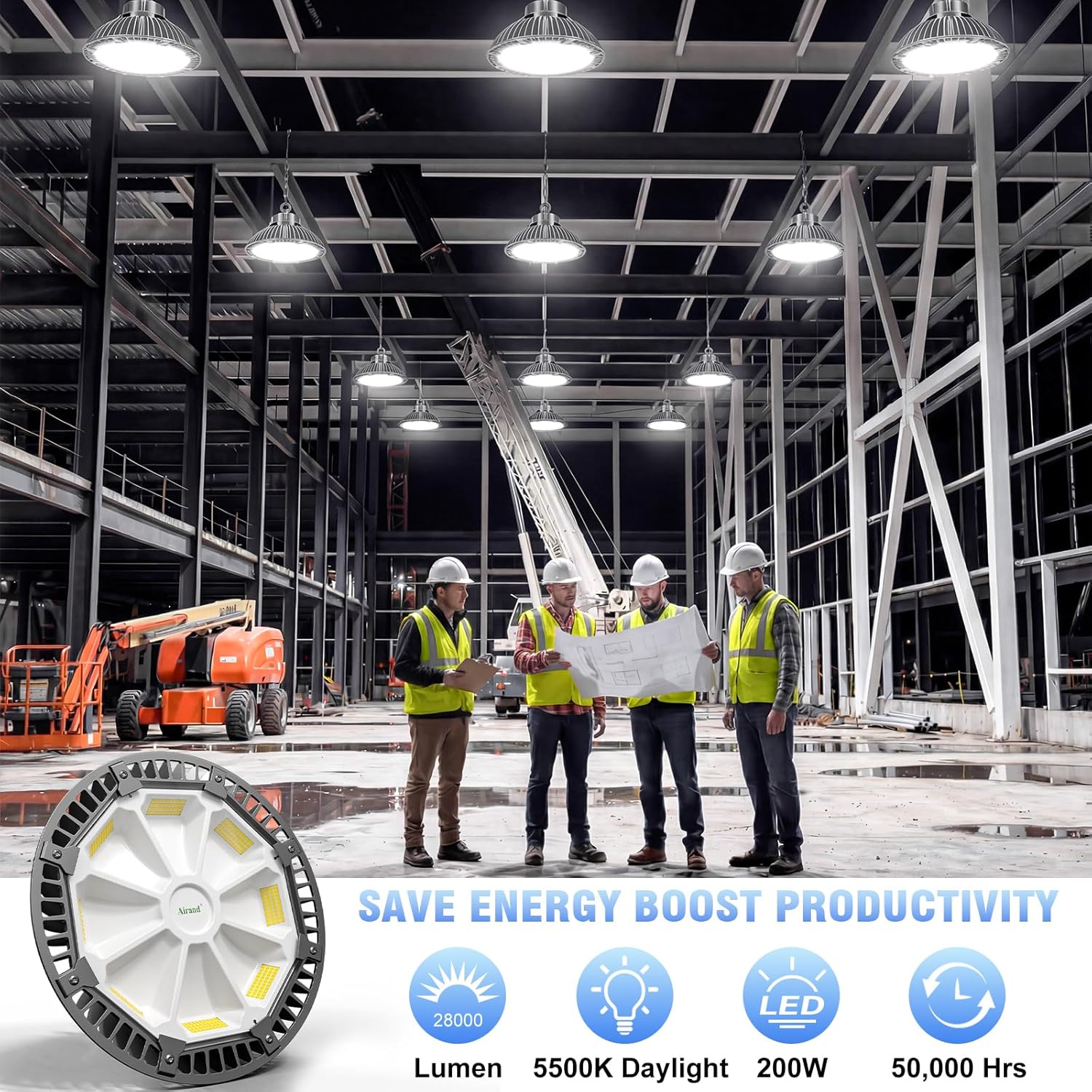 Airand Hallenstrahler LED Hallenbeleuchtung 200W Industrielampe UFO 28000LM Hallenleuchte Werkstattlampe IP65 Wasserdicht High Bay Licht für Garage Terrasse Baustellen Halle Scheune 5500K