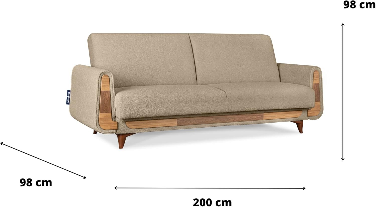konsimo Gustavo Sofa mit Schlaffunktion - Komfortabel und Praktisch Schlafcouch mit Bettkassen - Tagesbett 220 cm - Couch 4 Sitzer für Wohnzimmer, Jugendzimmer - Boucle Beige