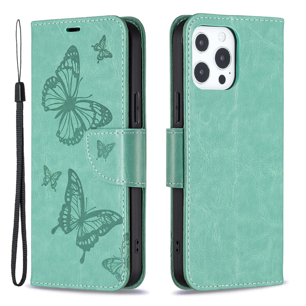 iPhone 13 Pro Leder Tasche mit Kartenfach   Handschlaufe Schmetterling - Türkis