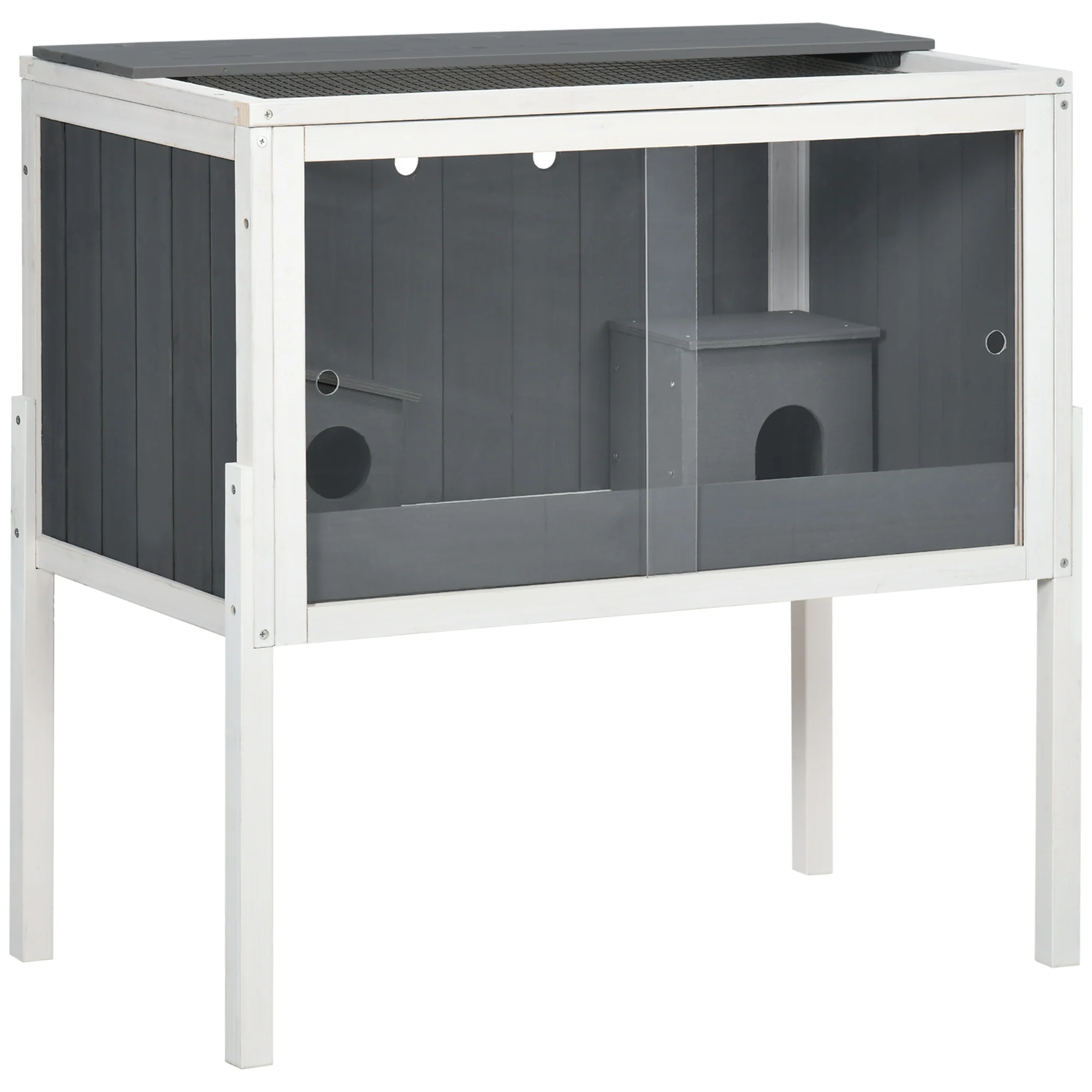 Gaiola de madeira PawHut para hamster, 82x45x81 cm, com 2 portas de acrílico, prateleira removível, 2 casinhas para pequenos animais, cinza escuro.